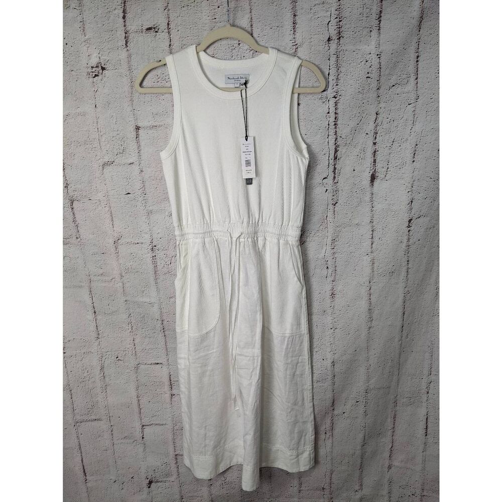 Michael Stars Wilhelmina Rib Mixed Midi Dress in White Linen Blend w Pockets sz